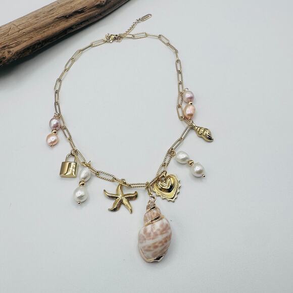 Gold Shell & Pearl Charm Necklace-Starfish, Heart & Lock Accents - Picture 3 of 7